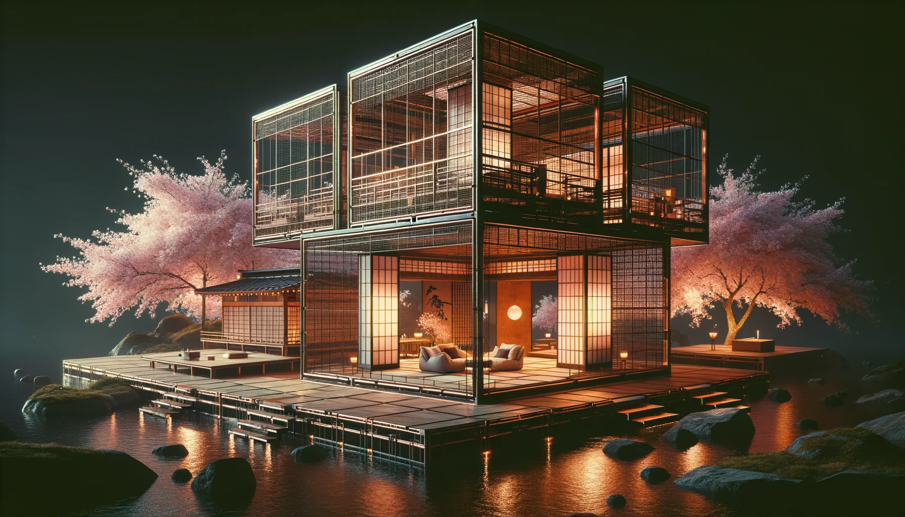Kaimori Estate — Hex-Cell structure concealed behind traditional Sukiya-style hinoki and yakisugi cladding